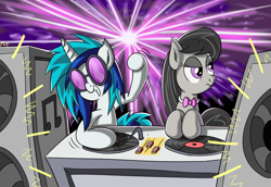 Size: 1280x880 | Tagged: safe, artist:ziemniax, dj pon-3, octavia melody, vinyl scratch, earth pony, pony, speakers, turntable