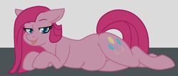 Size: 1280x551 | Tagged: safe, artist:/d/non, pinkie pie, earth pony, pony, :p, chubbie pie, chubby, colored pupils, cute, cuteamena, female, lidded eyes, lying down, mare, pinkamena diane pie, silly, solo, tongue out