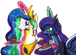 Size: 799x577 | Tagged: dead source, safe, artist:aurora-chiaro, princess celestia, princess luna, alicorn, pony, cake, cakelestia, simple background