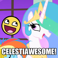 Size: 422x423 | Tagged: safe, princess celestia, rainbow dash, alicorn, pegasus, pony, awesome face, female, horn, image macro, mare, multicolored mane, solo, white coat