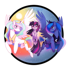 Size: 600x616 | Tagged: dead source, safe, artist:sambragg, princess celestia, princess luna, twilight sparkle, alicorn, pony