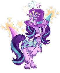 Size: 852x1032 | Tagged: safe, artist:trinoids, starlight glimmer, pony, unicorn, assistant, blushing, cape, clothes, cute, dynamic pose, female, fireworks, gem, glimmerbetes, happy, hat, hoof in air, legs in air, legs raised, looking sideways, magic, magician, magician outfit, mare, open mouth, purple coat, purple eyes, simple background, smiling, solo, starry eyes, stars, striped mane, top hat, transparent background, wingding eyes