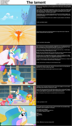 Size: 1282x2234 | Tagged: safe, carrot cake, cup cake, princess celestia, alicorn, pony, cake, canterlot, canterlot castle, caption, comic, cupcake, letter, raising the sun, sun work, tea, teacup, text, the lament