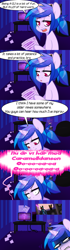 Size: 700x2500 | Tagged: dead source, safe, artist:lolopan, dj pon-3, vinyl scratch, pony, unicorn, alternate hairstyle, ask, bedroom, caramelldansen, caught, comic, dub trot, excalibur face, tumblr