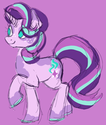 Size: 850x1000 | Tagged: safe, artist:trinoids, starlight glimmer, pony, unicorn, colored sketch, doodle, female, freckles, mare, no pupils, purple background, raised hoof, simple background, sketch, solo