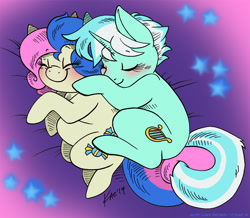 Size: 1100x957 | Tagged: safe, artist:kaemantis, bon bon, lyra heartstrings, sweetie drops, earth pony, pony, unicorn, adorabon, blushing, chubby, cuddling, cute, female, lesbian, lyrabetes, lyrabon, pudgy, shipping, sleeping, smiling, spooning, stars