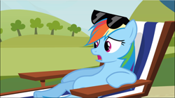 Size: 1670x941 | Tagged: safe, screencap, rainbow dash, pegasus, pony, too many pinkie pies, beach chair, belly, chubby, female, lying down, mare, open mouth, reclining, solo, sunglasses