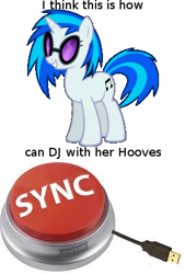 Size: 284x419 | Tagged: safe, dj pon-3, vinyl scratch, pony, unicorn, hooves, meta, sync, text