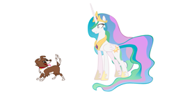 Size: 919x501 | Tagged: safe, princess celestia, winona, alicorn, dog, pony, crown, hoof shoes, jewelry, peytral, princess molestia, raised tail, regalia, simple background, smiling, tail, white background