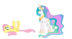 Size: 919x501 | Tagged: safe, fluttershy, princess celestia, alicorn, pegasus, pony, duo, female, folded wings, grin, gritted teeth, mare, on back, princess molestia, simple background, smiling, white background, wings