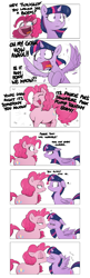 Size: 935x2886 | Tagged: safe, artist:shoutingisfun, pinkie pie, twilight sparkle, twilight sparkle (alicorn), alicorn, earth pony, pony, bait and switch, blushing, chubbie pie, chubby, comic, dialogue, eyes closed, female, good end, kissing, lesbian, mare, misunderstanding, mood whiplash, shipping, simple background, spread wings, sweat, twinkie, wingboner, wings