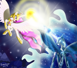 Size: 2000x1765 | Tagged: safe, artist:bonaxor, nightmare moon, princess celestia, alicorn, pony, fight, magic blast