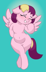 Size: 611x946 | Tagged: safe, artist:comfyplum, oc, oc:comfy plum, pegasus, pony, belly, blushing, chubby, embarrassed, eyes closed, female, flattered, happy, mare, smiling, solo, spread wings, wide hips, wings