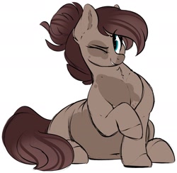 Size: 1884x1840 | Tagged: safe, artist:mulberrytarthorse, oc, oc only, oc:fudge muffin, pony, chubby, female, hair bun, mare, one eye closed, solo, wink