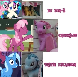 Size: 744x737 | Tagged: safe, applejack, cheerilee, dj pon-3, trixie, vinyl scratch, earth pony, pony, funrise, irl, official, photo, plushie, toy