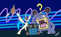 Size: 2000x1200 | Tagged: safe, artist:gearholder, dj pon-3, vinyl scratch, pony, unicorn, crossover, loudred, pokémon, rotom