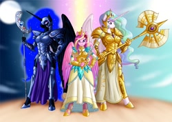 Size: 1280x908 | Tagged: safe, artist:crovirus, nightmare moon, princess cadance, princess celestia, alicorn, anthro, unguligrade anthro, armor, axe, rapier, staff, sword, warrior cadance, warrior celestia, weapon