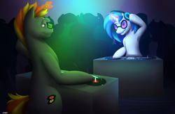 Size: 1024x672 | Tagged: safe, artist:shrineheart, dj pon-3, vinyl scratch, oc, pony, unicorn