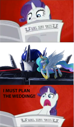 Size: 353x600 | Tagged: safe, princess celestia, rarity, alicorn, pony, unicorn, crossover shipping, exploitable meme, female, i'll destroy her, male, newspaper, newspaper meme, optilestia, optimus prime, robosexual, shipping, straight, transformers