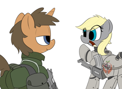 Size: 1500x1100 | Tagged: safe, artist:datte-before-dawn, derpibooru import, oc, oc only, oc:icepick, oc:permittivity, fallout equestria, combat armor, cute, gun, icetivity, power armor, powered exoskeleton, rifle, weapon