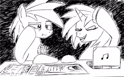 Size: 3264x2021 | Tagged: safe, dj pon-3, vinyl scratch, oc, oc:dj twitch, earth pony, pony, unicorn, black and white, computer, grayscale, laptop computer, monochrome, thinking, traditional art