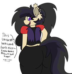 Size: 1450x1500 | Tagged: safe, artist:darkwolfhybrid, oc, oc only, oc:darkius wolficus, anthro, bat pony, bat pony oc, chubby, clothes, dialogue, ear fluff, ear piercing, female, freckles, looking back, pants, piercing, pizza hut, plot, plump, ponytail, rear view, shirt, skintight clothes, smiling, the ass was fat, thick, uniform