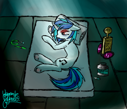 Size: 1600x1371 | Tagged: safe, artist:vegemiteguzzler, dj pon-3, vinyl scratch, pony, unicorn, bed, drugs, trophy