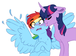 Size: 867x634 | Tagged: safe, artist:saphi-boo, rainbow dash, twilight sparkle, unicorn twilight, pegasus, pony, unicorn, blushing, curved horn, female, horn, lesbian, licking, mare, shipping, simple background, surprised, tongue out, transparent background, twidash, wings