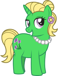 Size: 1438x1890 | Tagged: safe, artist:lightning stripe, derpibooru exclusive, oc, oc:petunia bloom, pony, unicorn, chubby, cutie mark, female, flower, flower in hair, green coat, grin, hair bun, horn, jewelry, mare, necklace, pearl necklace, pink eyes, show accurate, simple background, smiling, solo, transparent background, yellow mane