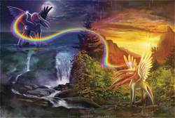 Size: 1200x805 | Tagged: safe, artist:cosmicunicorn, princess celestia, princess luna, alicorn, pony, canterlot, contrast, forest, magic, moon, rain, rainbow, scenery, sun, wallpaper, waterfall