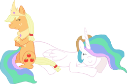 Size: 1357x896 | Tagged: safe, artist:foreverapone, applejack, princess celestia, alicorn, earth pony, pony, accessory swap, female, horn, mare