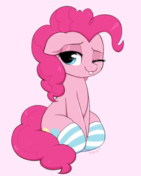 Size: 2860x3579 | Tagged: safe, artist:moozua, pinkie pie, earth pony, pony, :p, chubby, clothes, cute, diapinkes, female, floppy ears, mare, one eye closed, pink background, silly, simple background, sitting, smiling, socks, solo, striped socks, tongue out, wink