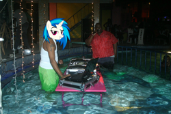 Size: 2048x1365 | Tagged: safe, edit, dj pon-3, vinyl scratch, human, bedroom eyes, computer, irl, irl human, laptop computer, photo, swimming pool, turntable, water