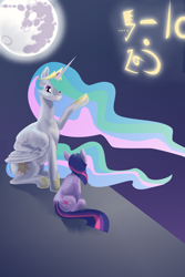 Size: 1000x1500 | Tagged: safe, artist:sessalisk, princess celestia, twilight sparkle, alicorn, pony, moon, night