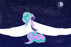 Size: 1500x1000 | Tagged: safe, artist:sessalisk, princess celestia, twilight sparkle, alicorn, pony, female, horn, mare, moon, multicolored mane, solo, white coat