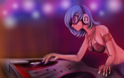 Size: 2250x1421 | Tagged: safe, artist:gunslingerpen, dj pon-3, vinyl scratch, bikini top, breasts, clothes, female, headphones, humanized, necklace, panties, sideboob, smiling, solo, thong, turntable, underwear