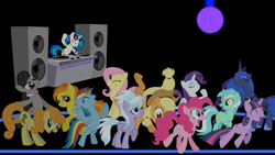 Size: 2560x1440 | Tagged: safe, artist:game-beatx14, applejack, carrot top, cloudchaser, dj pon-3, fluttershy, golden harvest, lyra heartstrings, octavia melody, pinkie pie, princess luna, rainbow dash, rarity, spitfire, twilight sparkle, vinyl scratch, alicorn, earth pony, pegasus, pony, unicorn, bowtie, cutie mark, dancing, eyes closed, female, floor, hat, hooves, horn, light, mane six, mare, one eye closed, open mouth, smiling, sunglasses, teeth, turntable, vector, wallpaper, wings