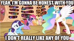 Size: 626x348 | Tagged: safe, edit, edited screencap, screencap, applejack, fluttershy, pinkie pie, princess celestia, rainbow dash, rarity, twilight sparkle, alicorn, earth pony, pegasus, pony, unicorn, lesson zero, dragonball z abridged, image macro, mane six, super kami celestia