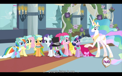 Size: 960x600 | Tagged: safe, screencap, applejack, fluttershy, pinkie pie, princess celestia, rainbow dash, rarity, spike, twilight sparkle, alicorn, dragon, earth pony, pegasus, pony, unicorn, a canterlot wedding, bridesmaid dress, clothes, dress, mane seven, youtube caption