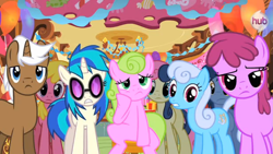 Size: 1541x867 | Tagged: safe, berry punch, berryshine, blues, bon bon, cherry berry, daisy, dj pon-3, flower wishes, linky, mochaccino, noteworthy, rare find, shoeshine, sweetie drops, vinyl scratch, pony, unicorn, magical mystery cure, bon bon is not amused, bored, unamused, what my cutie mark is telling me