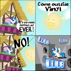 Size: 500x500 | Tagged: safe, artist:shinodage, dj pon-3, vinyl scratch, pony, unicorn, come outside chris, comic, sun, wub