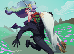 Size: 900x654 | Tagged: safe, artist:hiivolt-07, princess celestia, carrying, celestia is not amused, clothes, crossover, ganondorf, humanized, kidnapped, suit, the legend of zelda, unamused
