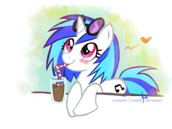 Size: 1024x768 | Tagged: safe, artist:riotfaerie, dj pon-3, vinyl scratch, pony, unicorn, blushing, chocolate, drinking, heart, milkshake, solo