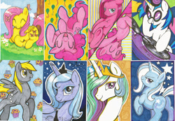 Size: 1024x707 | Tagged: safe, artist:mmmenagerie, derpy hooves, dj pon-3, fluttershy, pinkie pie, princess celestia, princess luna, trixie, vinyl scratch, alicorn, butterfly, pegasus, pony, female, happy, mare, muffin, pinkamena diane pie, plot, smiling, traditional art