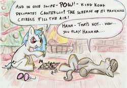 Size: 3273x2259 | Tagged: safe, artist:kriahfox, dj pon-3, octavia melody, vinyl scratch, earth pony, pony, chess, christmas tree, fire, fireplace, traditional art, tree