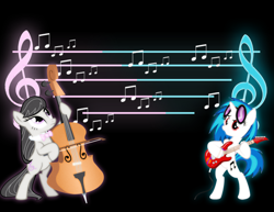 Size: 3300x2550 | Tagged: safe, artist:undeadkronos, dj pon-3, octavia melody, vinyl scratch, earth pony, pony, unicorn, black mane, female, gray coat, horn, mare, two toned mane, white coat