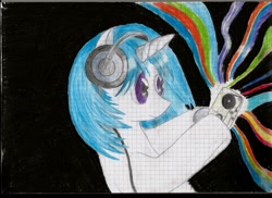 Size: 2338x1700 | Tagged: safe, dj pon-3, vinyl scratch, pony, unicorn, crayon, grid paper, headphones, hoof hold, music, pencil drawing, solo, traditional art