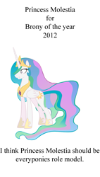 Size: 509x895 | Tagged: safe, princess celestia, alicorn, pony, brony of the year 2012, female, horn, mare, meta, multicolored mane, princess molestia, solo, white coat