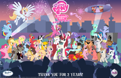 Size: 5100x3300 | Tagged: safe, artist:zelc-face, applejack, dj pon-3, fluttershy, lyra heartstrings, pinkie pie, rainbow dash, rarity, spike, twilight sparkle, vinyl scratch, wild fire, oc, oc:bonniecorn, oc:fausticorn, oc:taralicious, dragon, earth pony, pegasus, pony, unicorn, anniversary, bonnie zacherle, fim crew, happy birthday mlp:fim, hasbro, hub logo, hubble, john de lancie, lauren faust, m.a. larson, meghan mccarthy, mlp fim's second anniversary, my little pony logo, ponified, poster, sibsy, tara strong, the hub