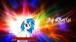 Size: 1920x1080 | Tagged: safe, artist:kigaroth, artist:likonan, edit, dj pon-3, vinyl scratch, pony, unicorn, abstract background, female, hooves, horn, mare, smiling, solo, teeth, text, vector, wallpaper, wallpaper edit